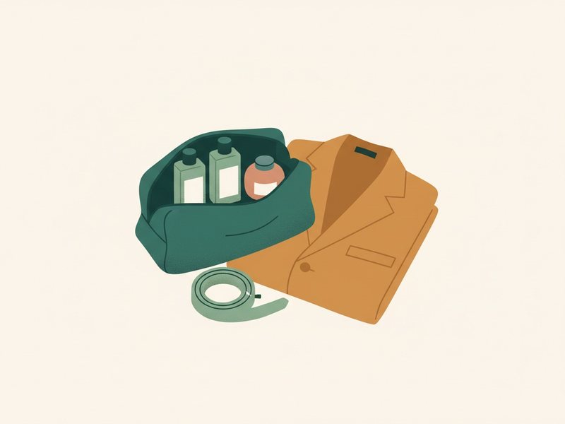 Illustration d'une trousse de toilette ouverte et d'une veste pliée