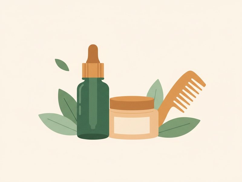 Illustration d'un flacon de sérum, d'un pot de crème et d'un peigne
