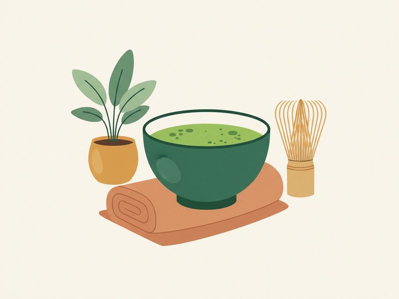 Illustration d'un bol de matcha, d'un fouet en bambou et d'une plante verte